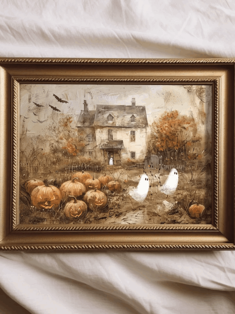Storybook-style scene with ghosts and pumpkins
