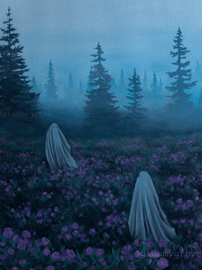 Misty forest ghost walk in soft blue tones