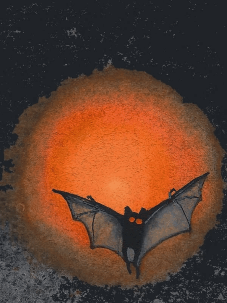 Bold bat silhouette against a glowing orange moon