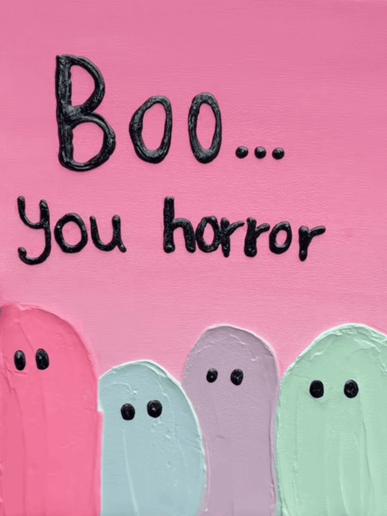 Playful “Boo You Horror” ghost painting in pastel colors