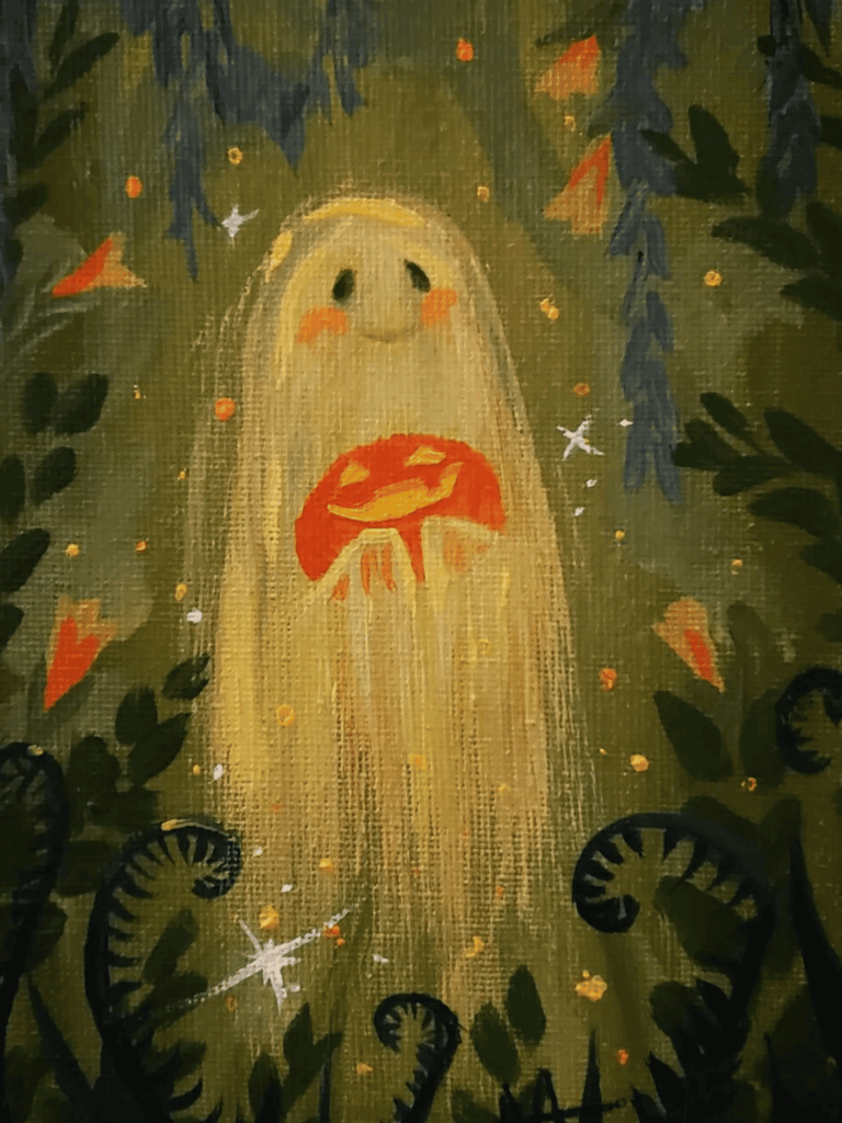 Cute ghost in golden forest holding a smiling pumpkin