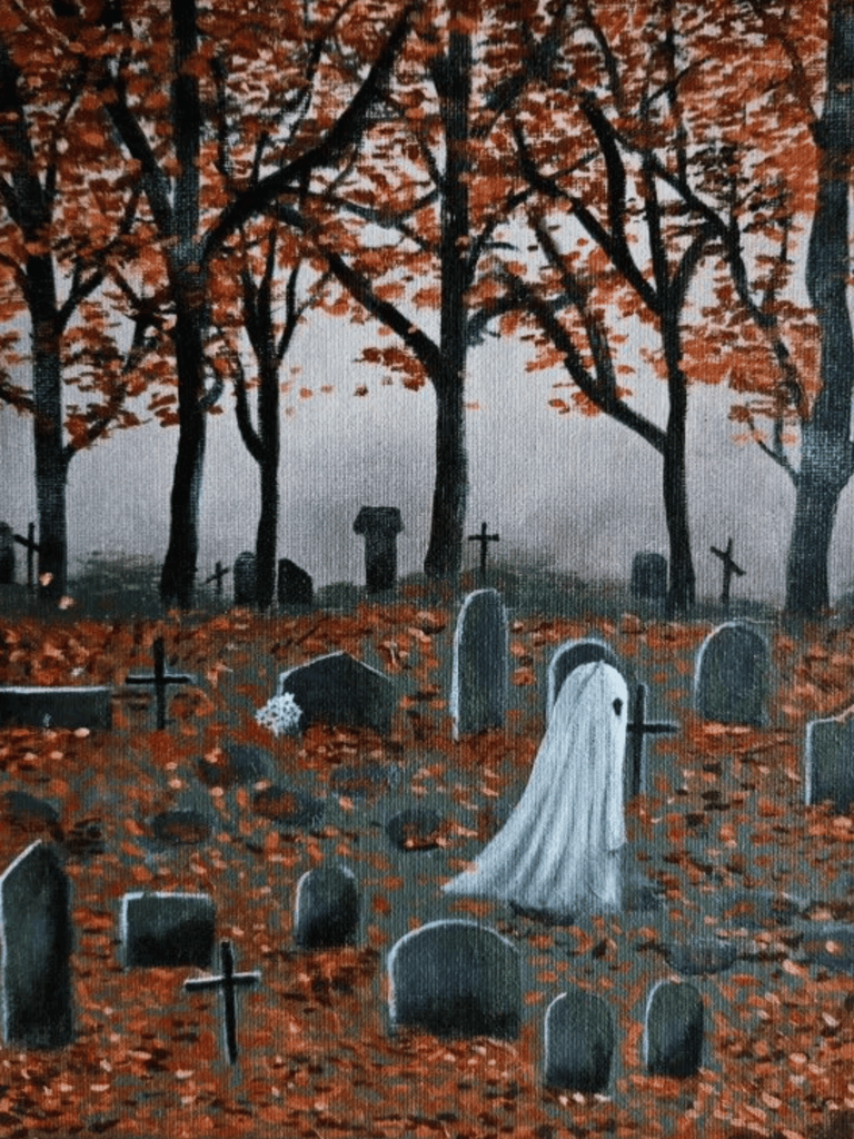 Autumn graveyard scene with ghost among orange leaves