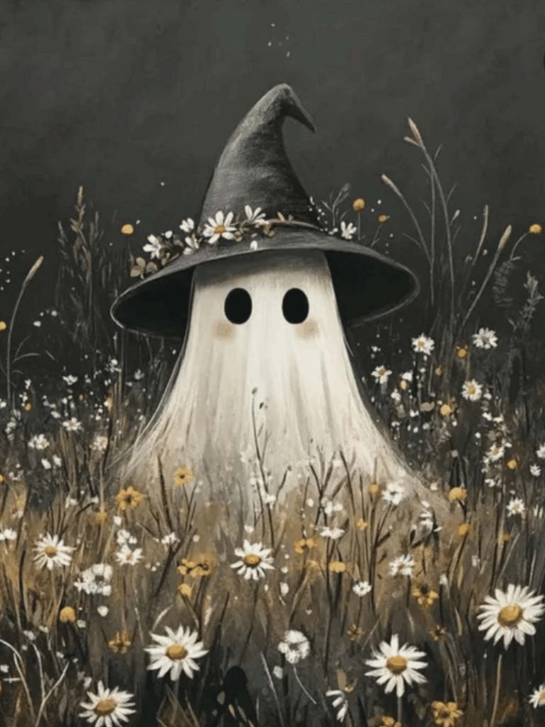Ghost wearing witch hat standing in daisy field