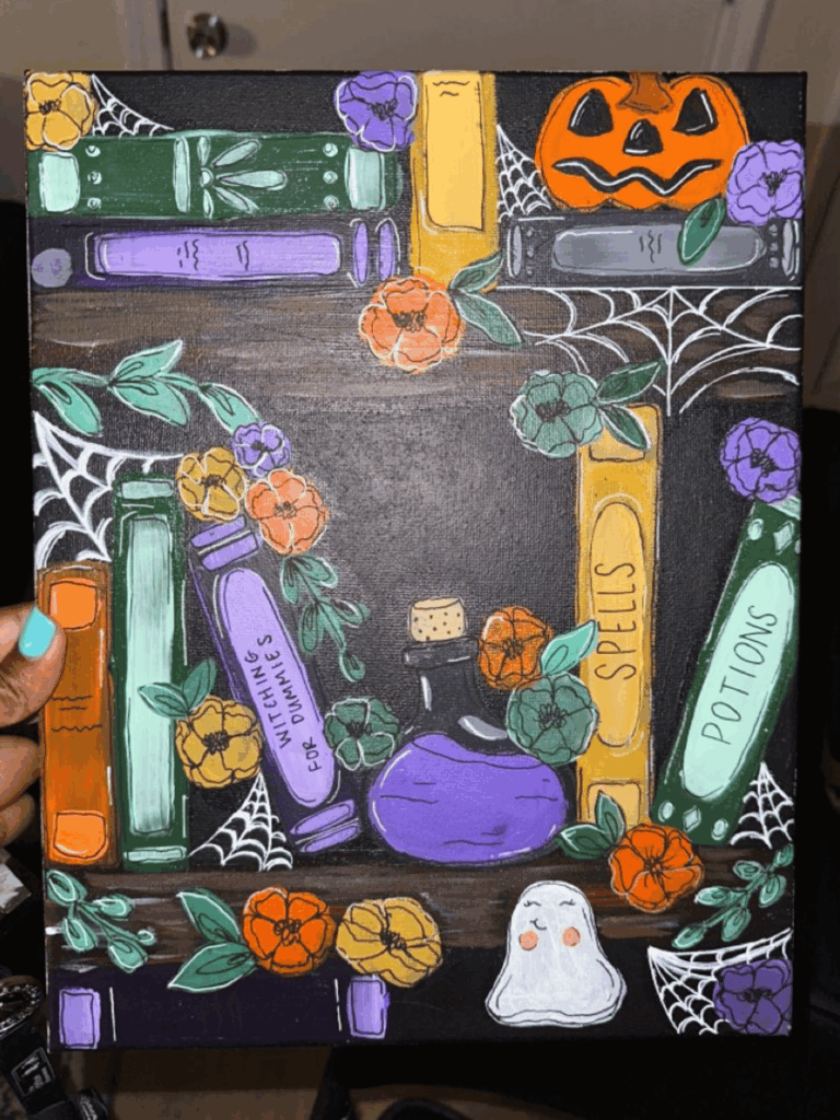 Witch’s bookshelf with potions, cobwebs, and flowers