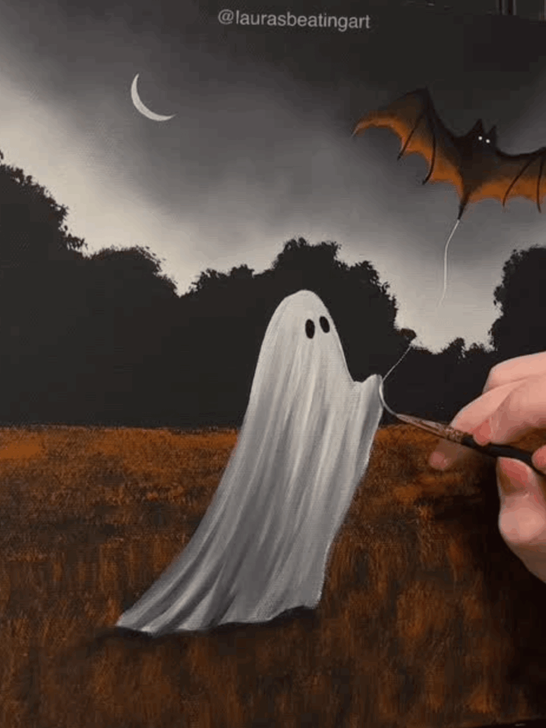 Whimsical ghost flying a bat-shaped kite in an open field