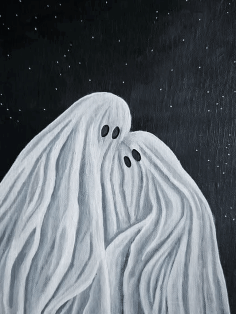 Starry-eyed ghost couple embracing under night sky