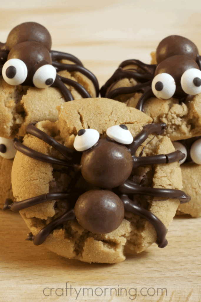 Peanut butter spider cookies with chocolate truffle bodies – fun Halloween dessert idea