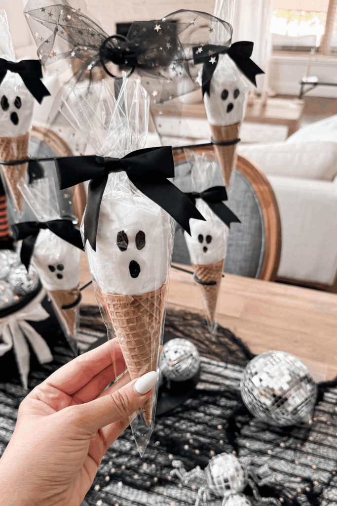 Ghost cotton candy cones wrapped in cellophane – party favors for favorite holidays