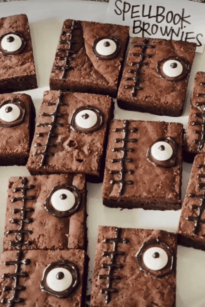 Fudgy spellbook brownies decorated with candy eyes – easy Halloween dessert idea