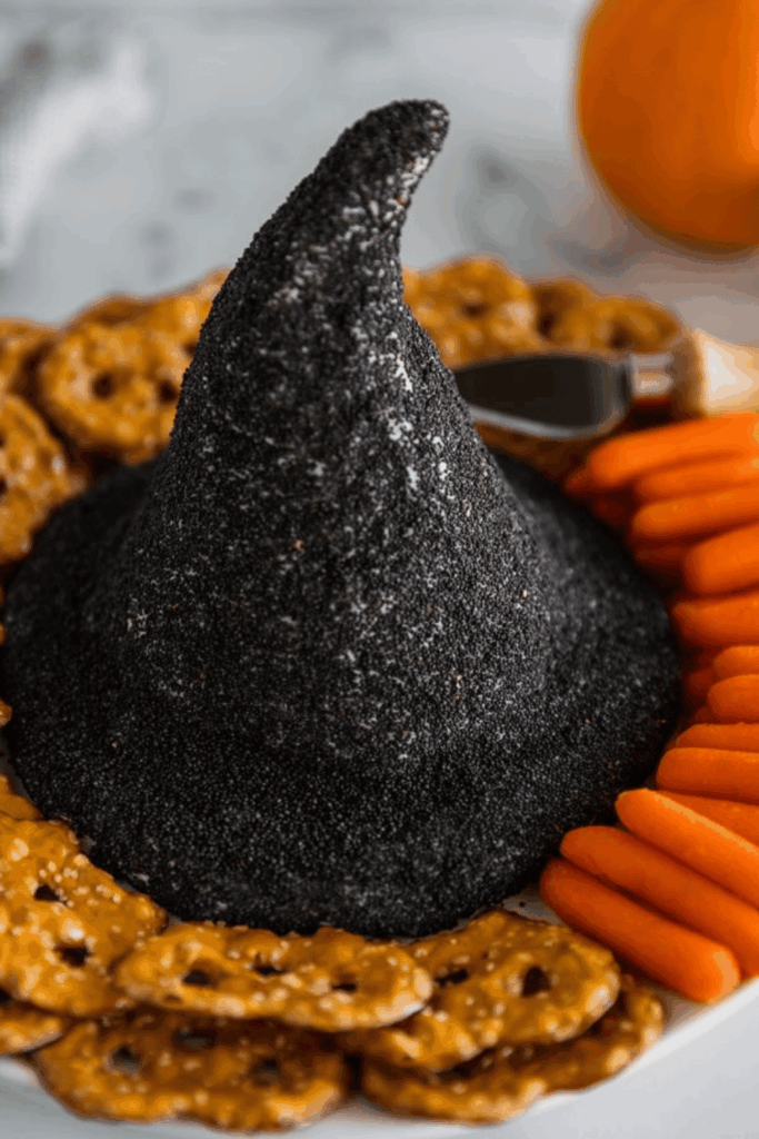 Witch hat pumpkin cheese ball covered in black sesame seeds with crackers