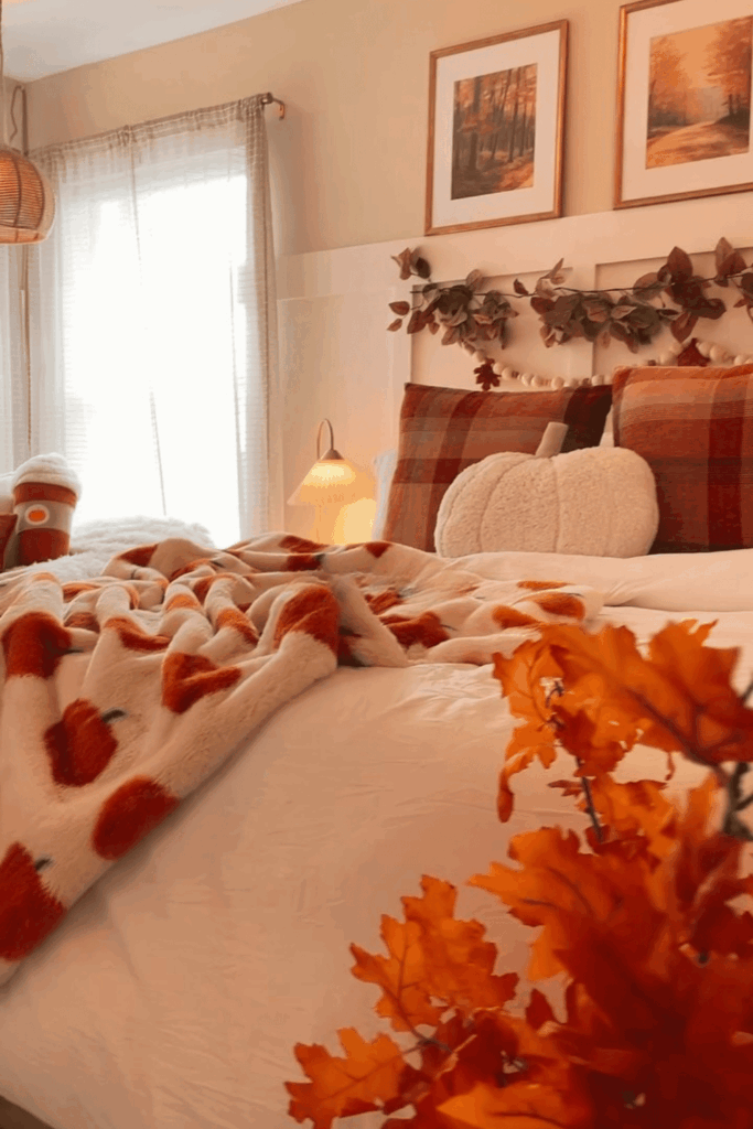 Cozy fall bedroom with pumpkin pillows on bed