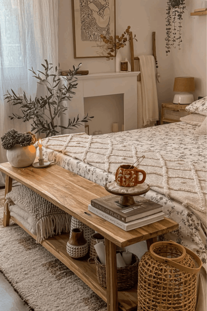 Bedroom bench styled with natural elements and cozy blanket