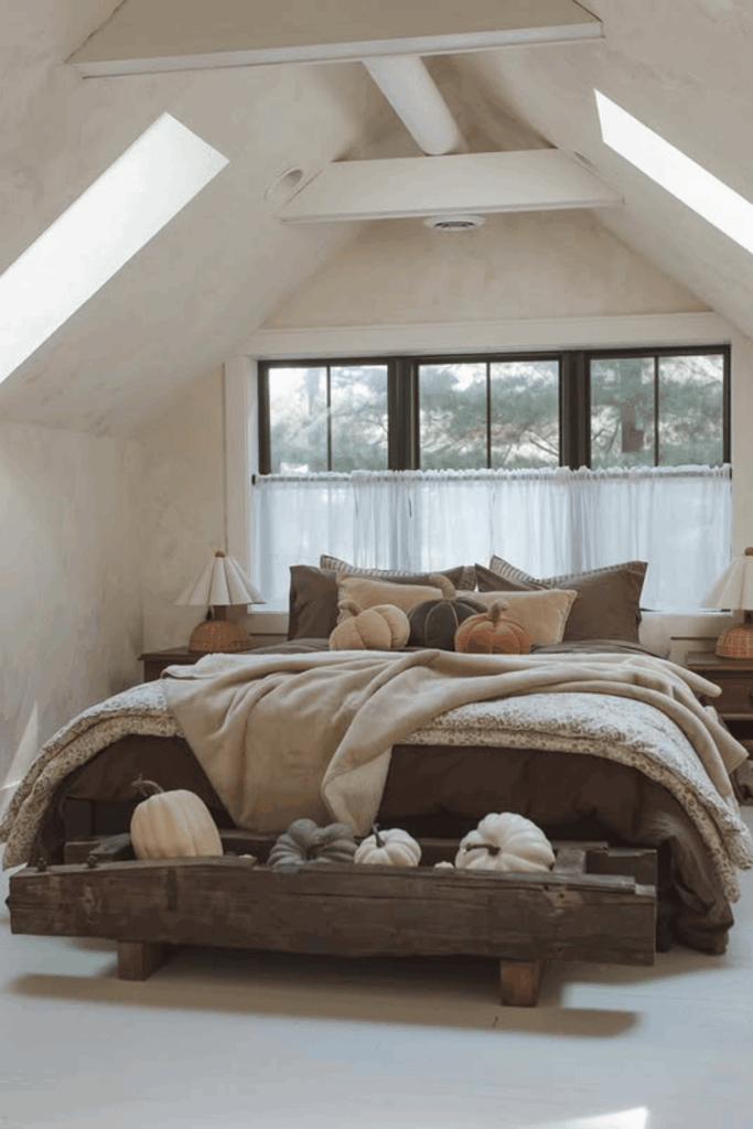 Neutral white pumpkins and accent pillows for subtle fall decor