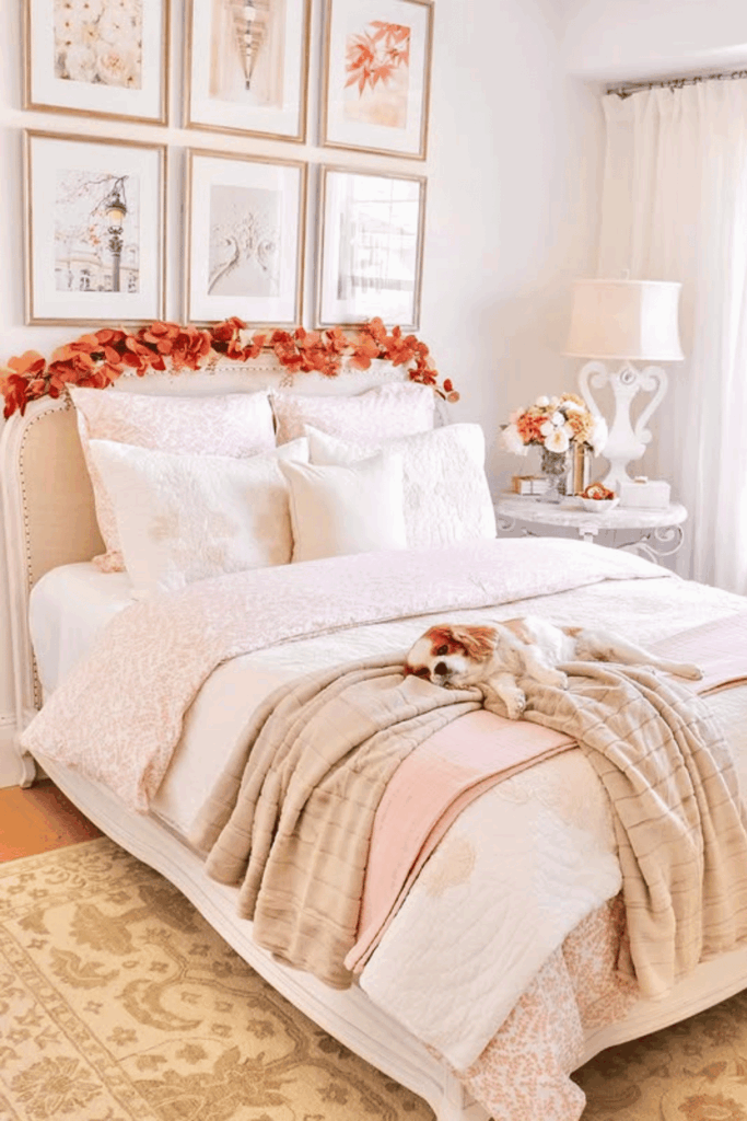 Blush accents paired with warm fall touches in bedroom decor