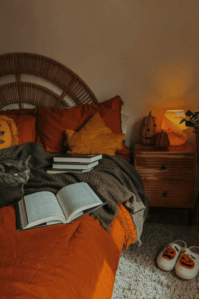 Autumn bedroom decor with mustard yellow and deep red bedding