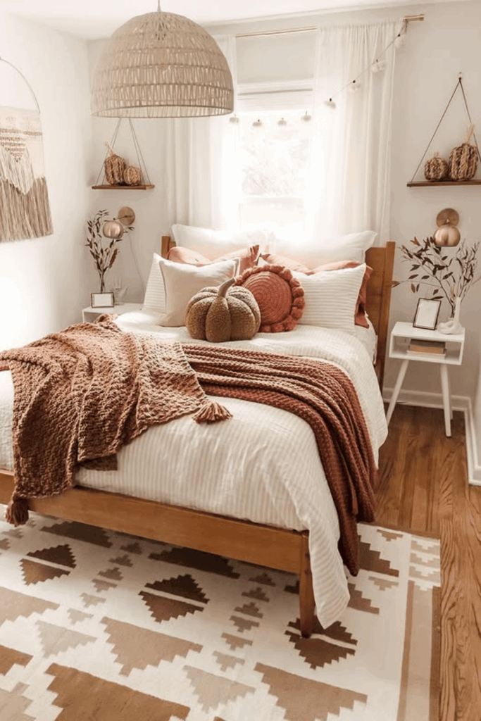 Guest bedroom styled with neutral tones and plush throw blanket
