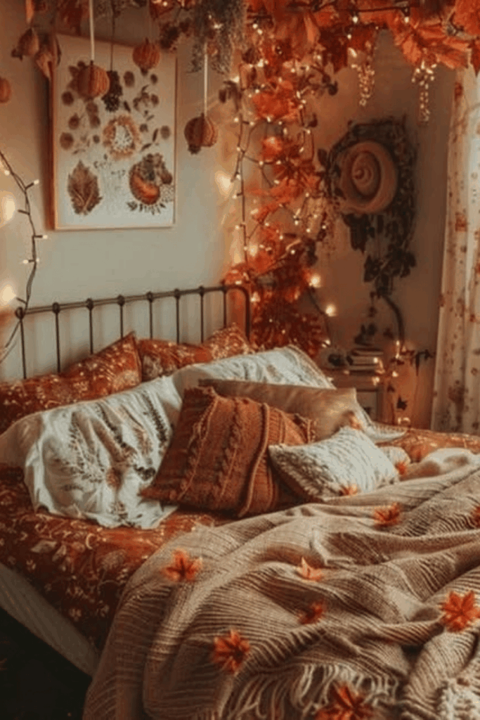 String lights and faux leaves creating cozy fall bedroom vibes