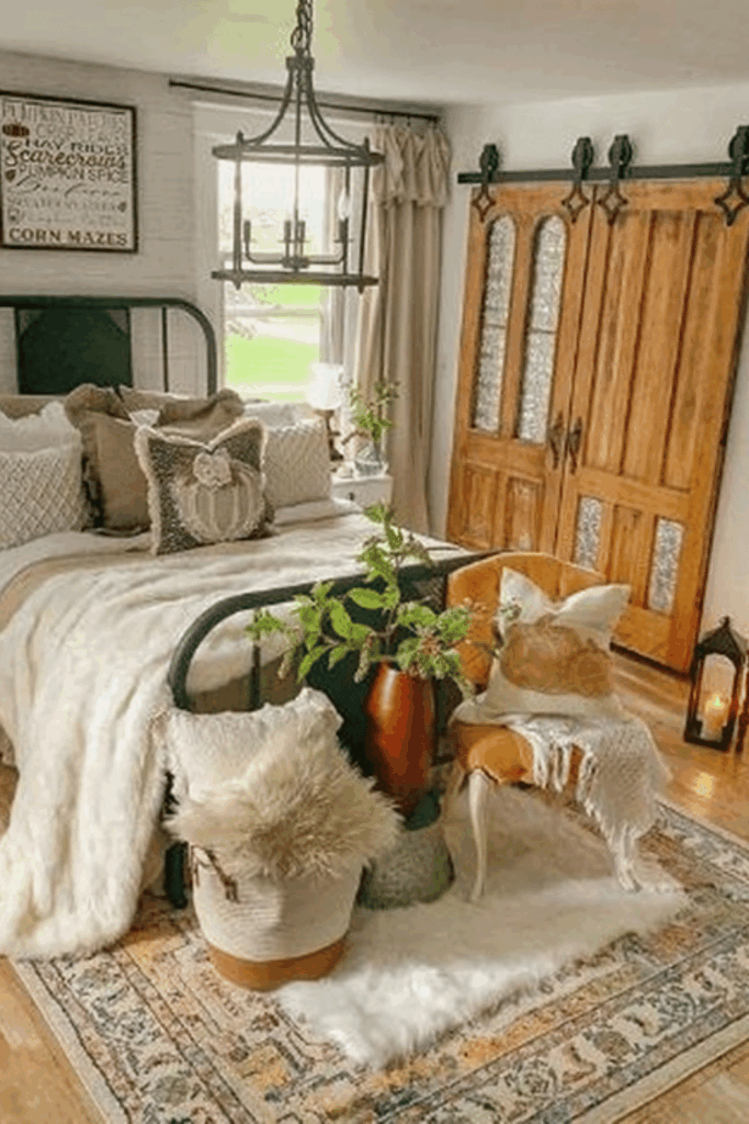 Faux fur throw and soft pillows for cozy autumn textures