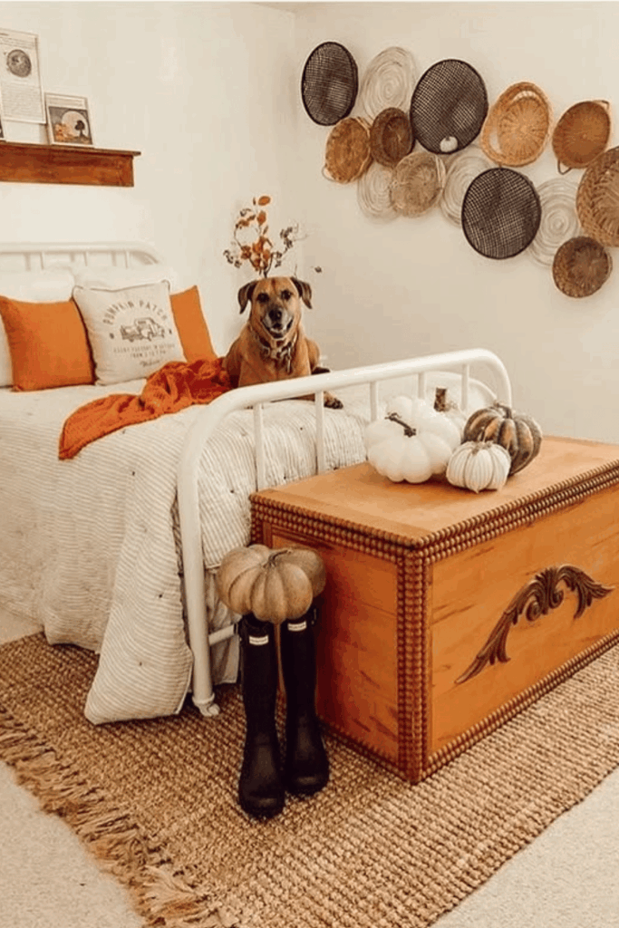 Faux pumpkins styled on bench with fall touches