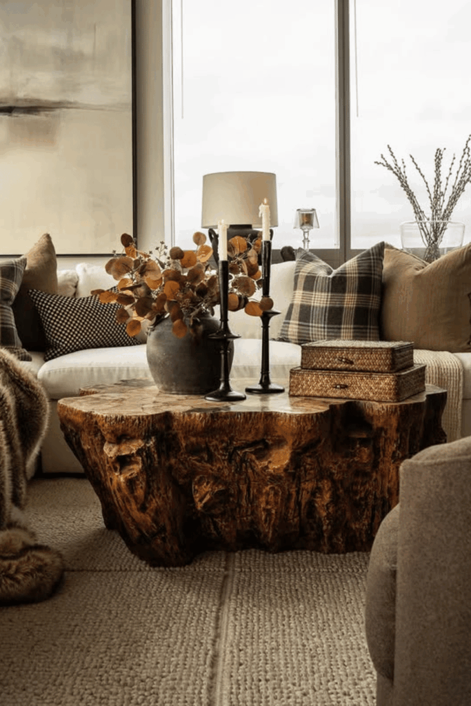 Rustic wood coffee table decorated with florals and textured accents