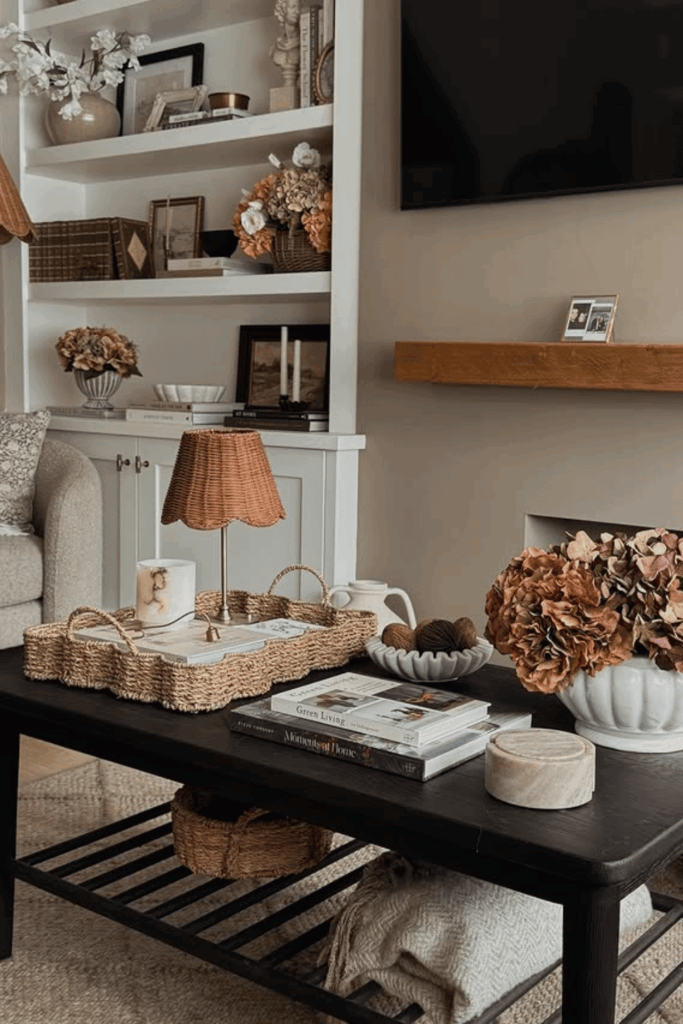 Woven tray with hydrangeas, books, and small decorative accents