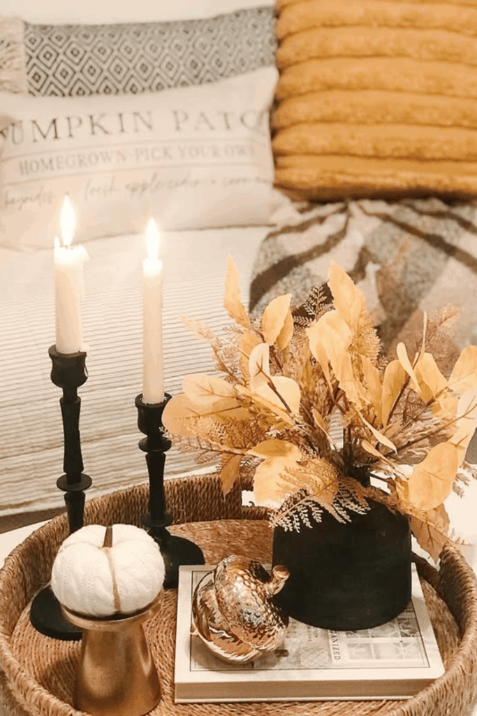 White pumpkins with golden accents for timeless fall coffee table decor