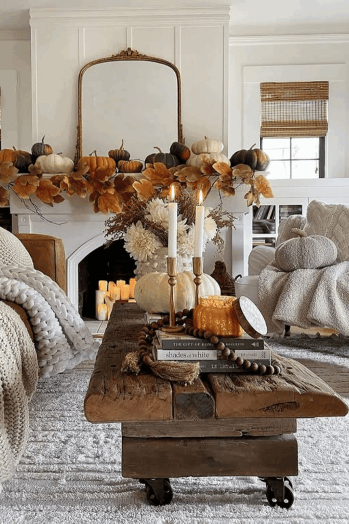 Pumpkins and tall candlesticks as a cozy living room focal point