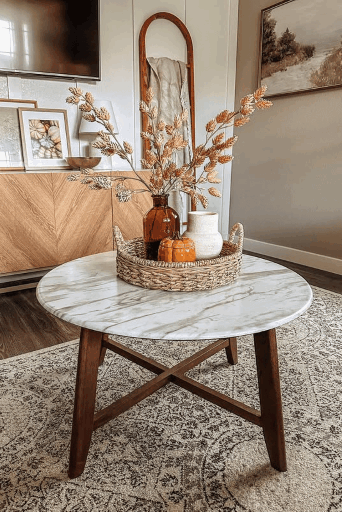 Decorative tray with mini pumpkins and dried stems for simple fall decor