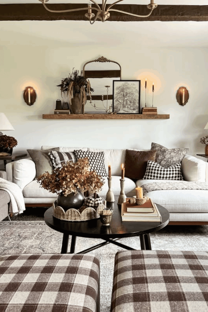 Vase of dried florals with candles and books for a warm fall coffee table look