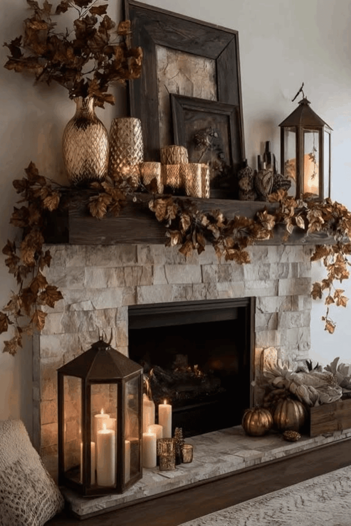 Fall fireplace mantel decorated with golden leaf garland, lanterns, and glowing candles.