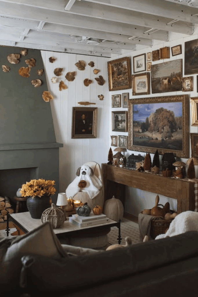 Neutral fall living room with a round wooden coffee table and warm cozy textures.