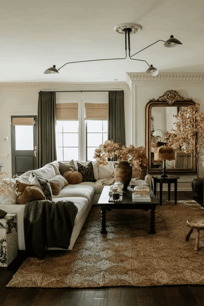 Coffee table decorated with earthy fall accents, vases, and warm autumn colors.