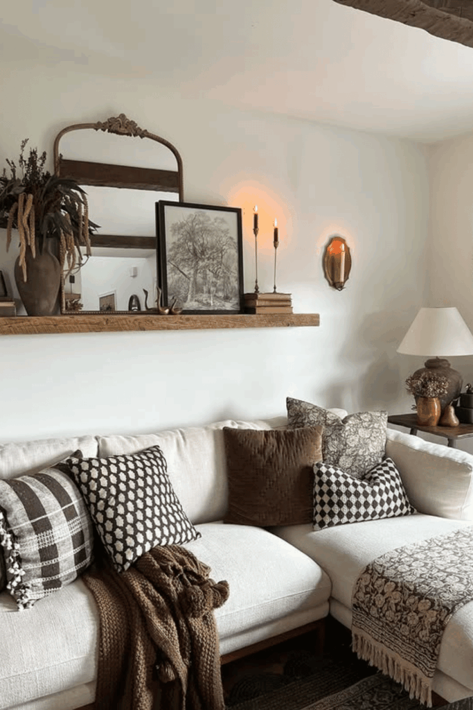 Cozy sofa styled with patterned fall throw pillows, blankets, and seasonal accents.