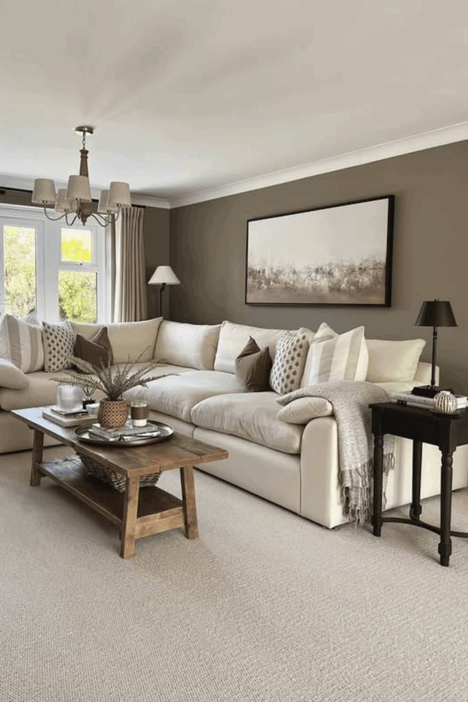 Coffee table layered with trays, candles, and vases for a cozy fall living room look.