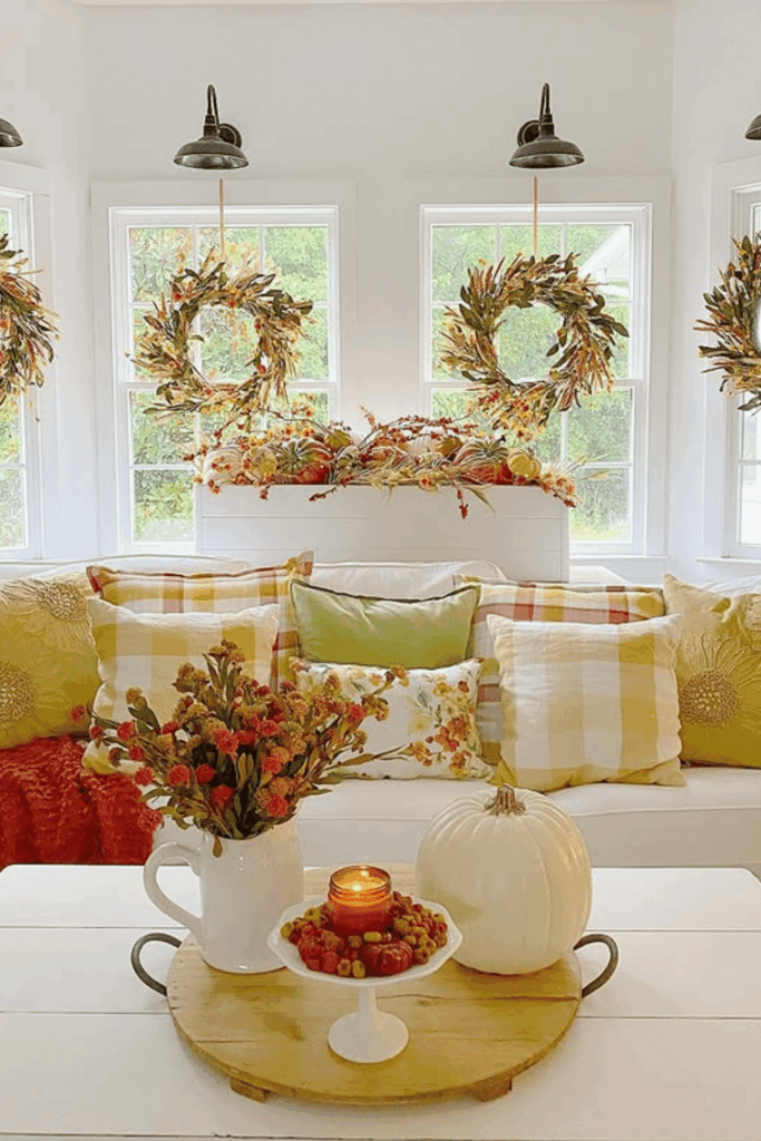 Cheerful fall living room with plaid pillows, bright wreaths, and pumpkins on display.