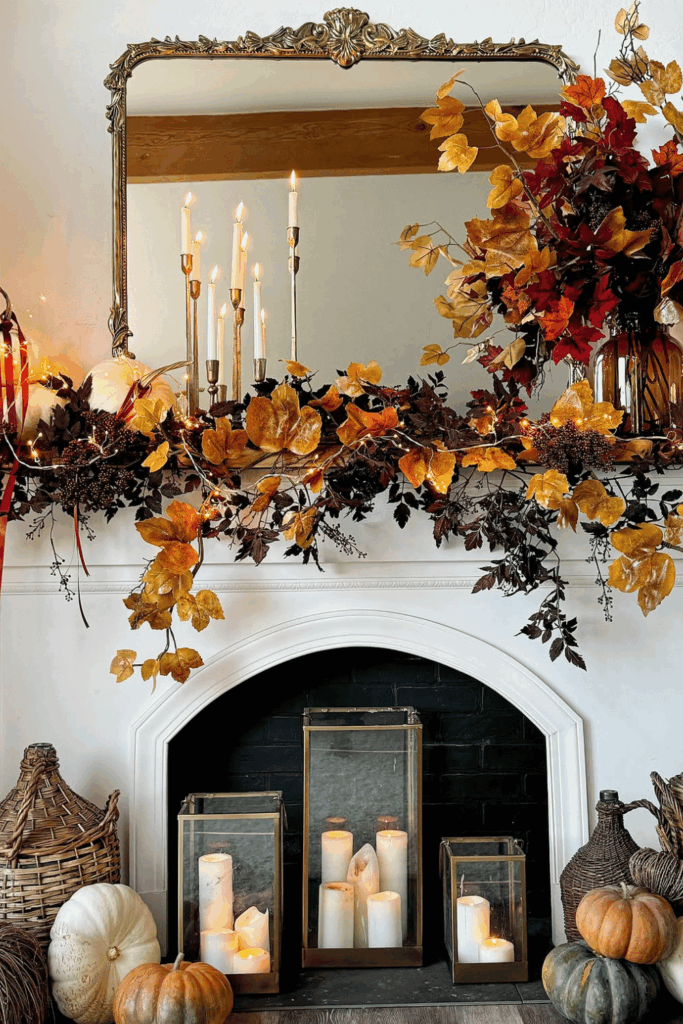 Dramatic fall mantel decorated with a bold leaf garland, lanterns, and candlesticks.