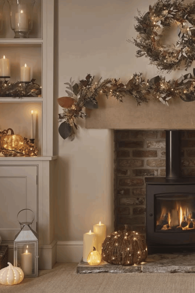 Fireplace mantel decorated with a glowing leaf garland, candles, and light-up pumpkins.