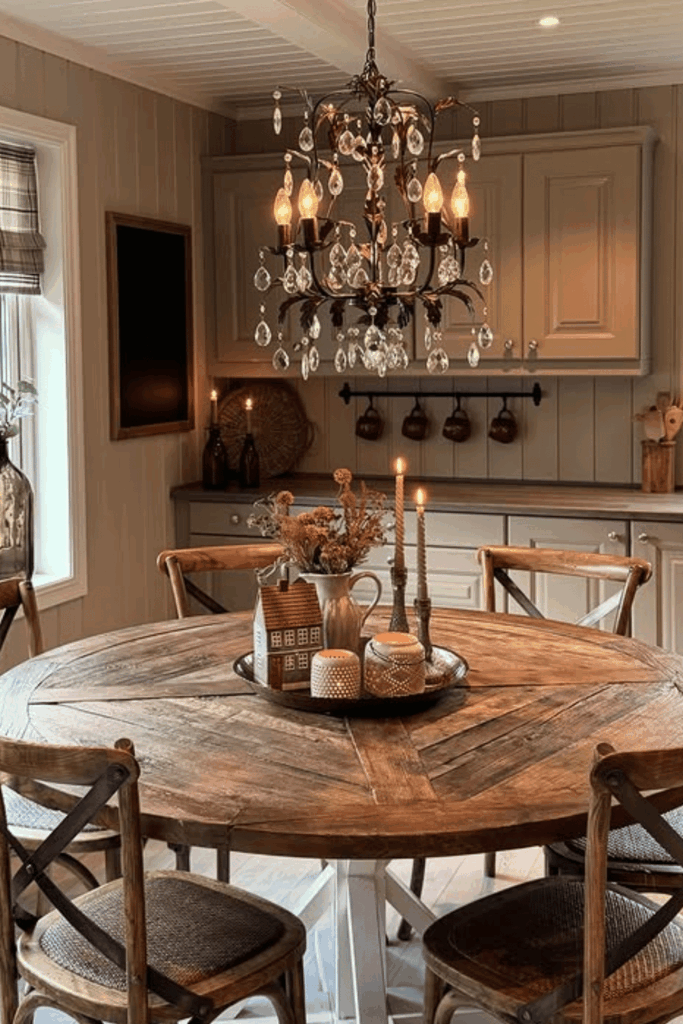 Rustic round dining table centerpiece with tray, dried stems, and candles