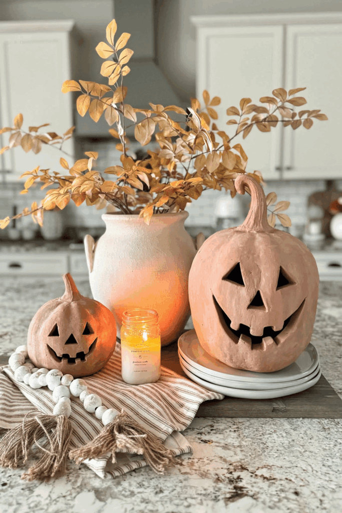 Jack-o’-lantern pumpkins used as Halloween table centerpieces