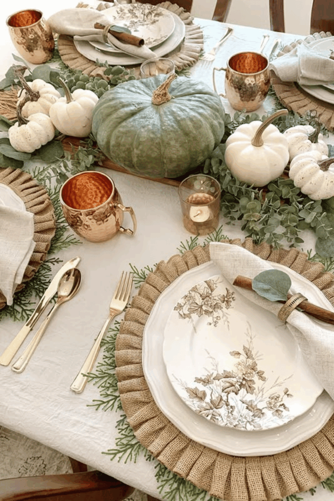 Elegant fall table centerpiece with copper accents, greenery, and pumpkins