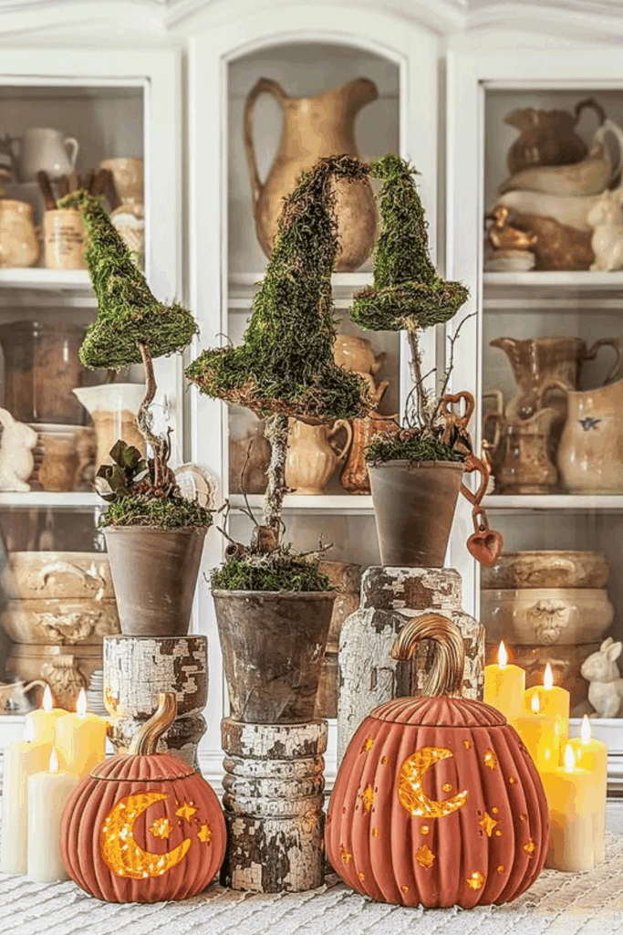 Mossy witch hats and pumpkins styled as a Halloween table centerpiece