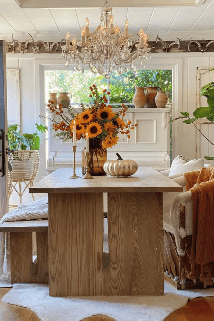 Bright sunflower centerpiece paired with rustic wood dining table