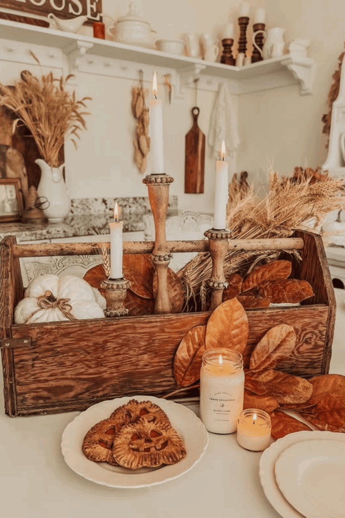 Rustic wooden box centerpiece with pumpkins, candles, and fall leaves