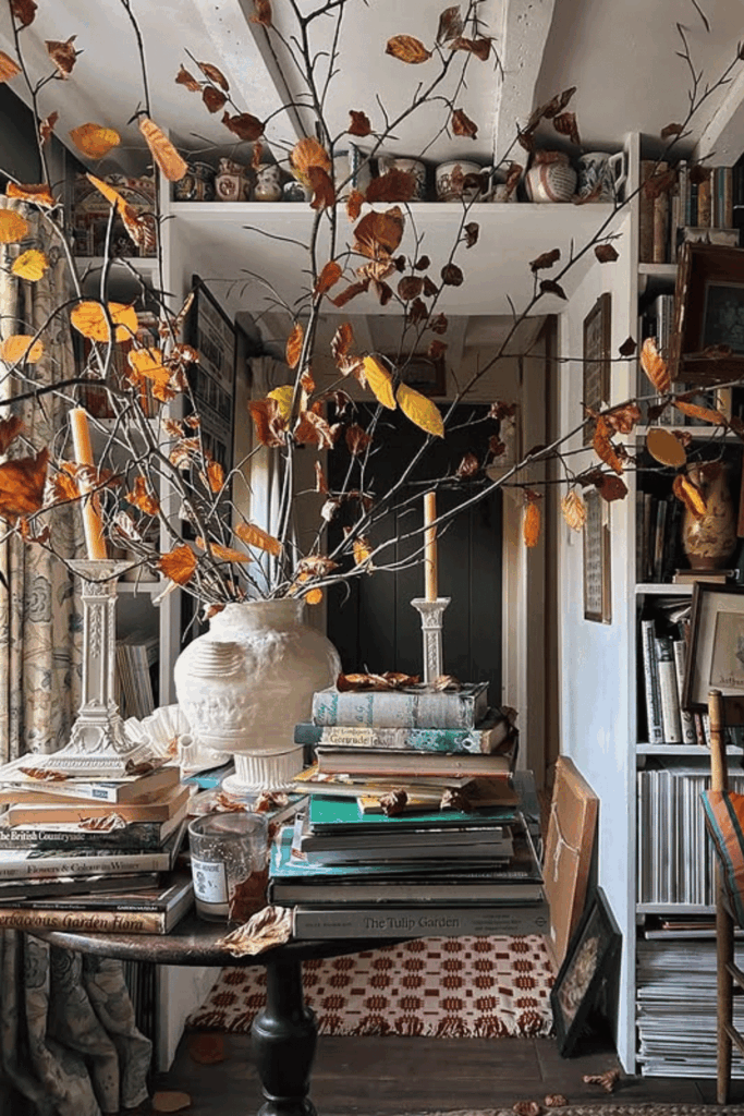 Oversized fall branches in tall vase with pumpkins and candles at base