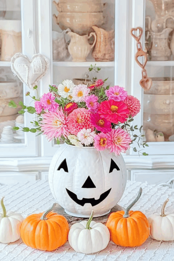 White pumpkin vase filled with fresh seasonal flowers on dining table