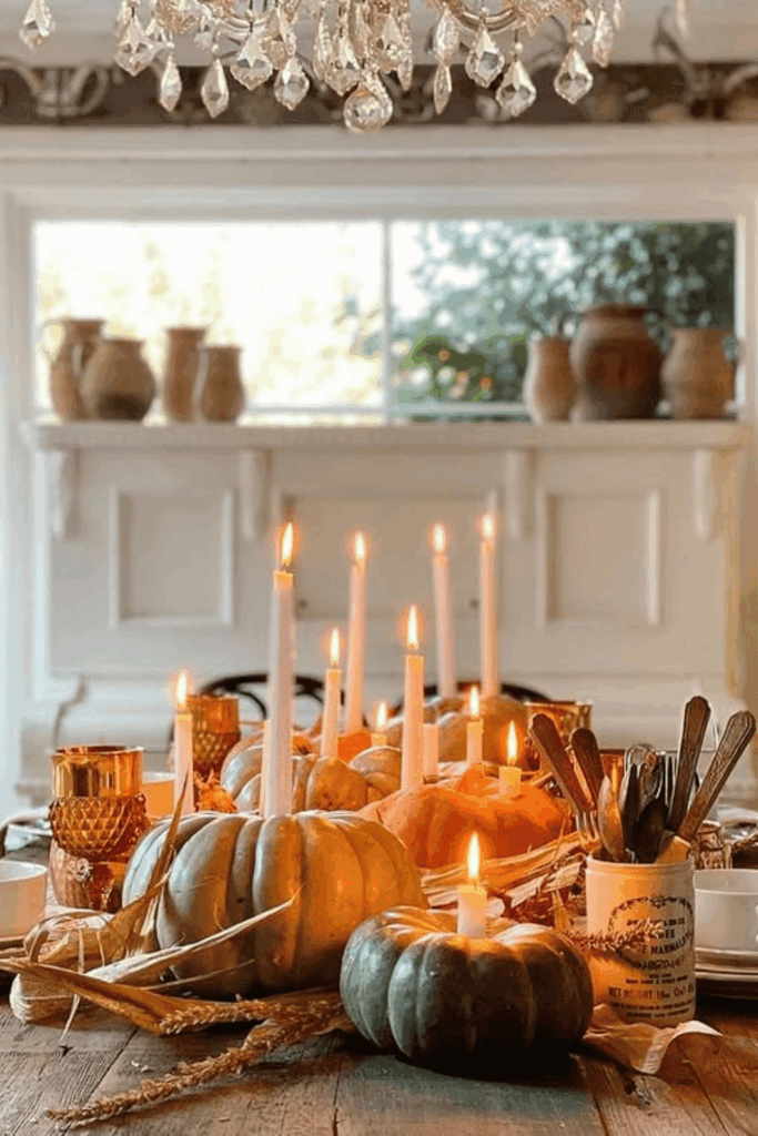 Pumpkins and taper candles styled as a glowing fall centerpiece