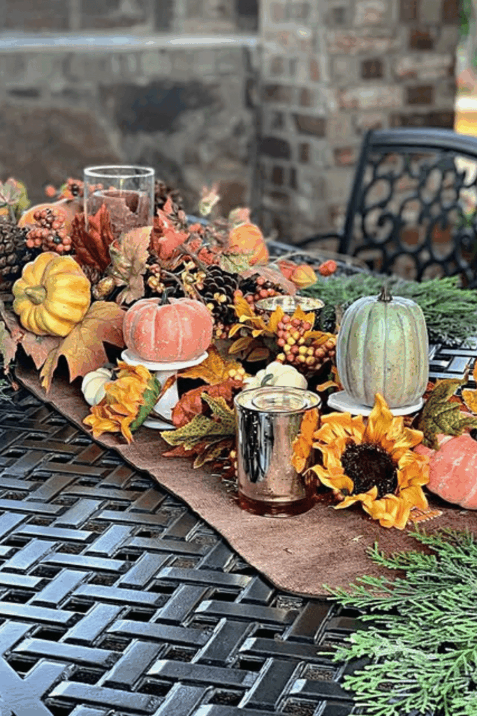 Sunflower and pumpkin mix centerpiece for a dining room table