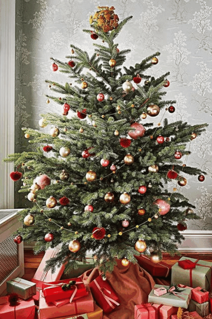 Simple red and gold Christmas tree with metallic baubles and wrapped gifts