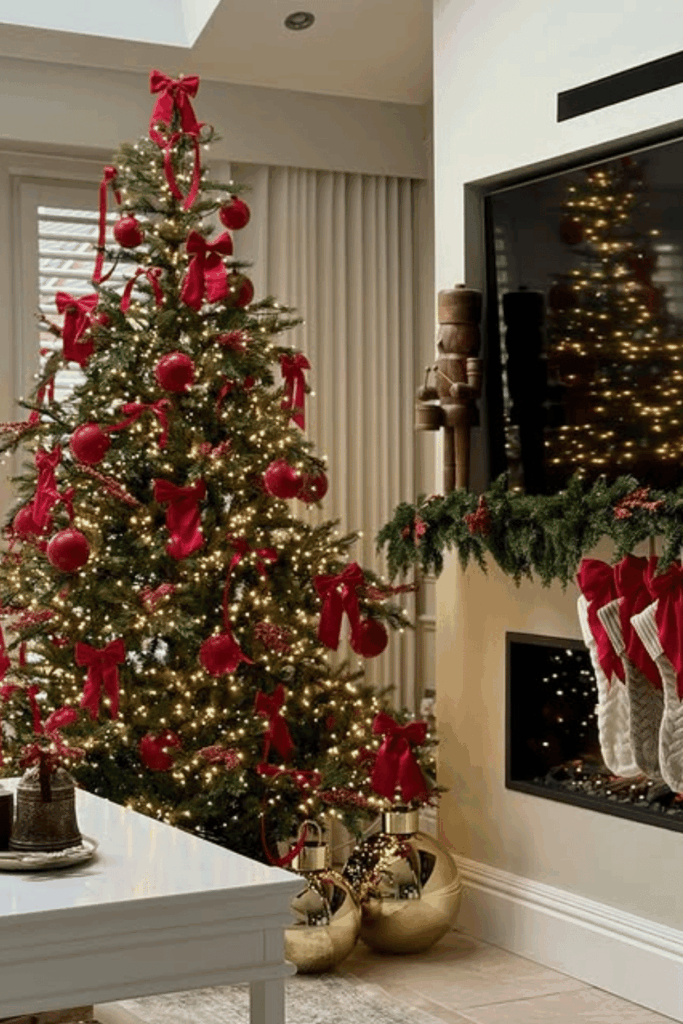 Red Christmas tree with red velvet bows and warm white lights
