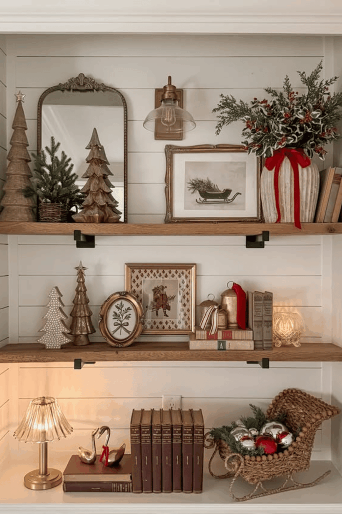 Cozy built-in shelves decorated with vintage Christmas accents and small trees Christmas living room decor ideas